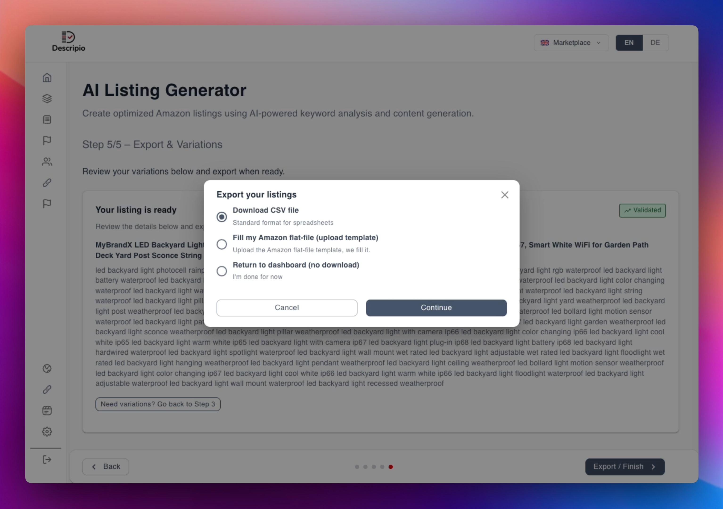 Export & Varianten Interface Screenshot
